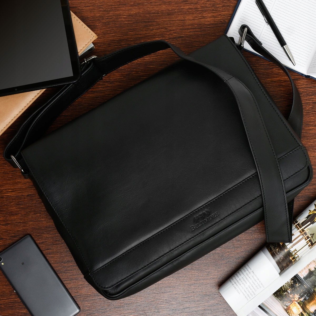 Skórzana torba męska na ramię do pracy – elegancka czarna torba na dokumenty i laptopa