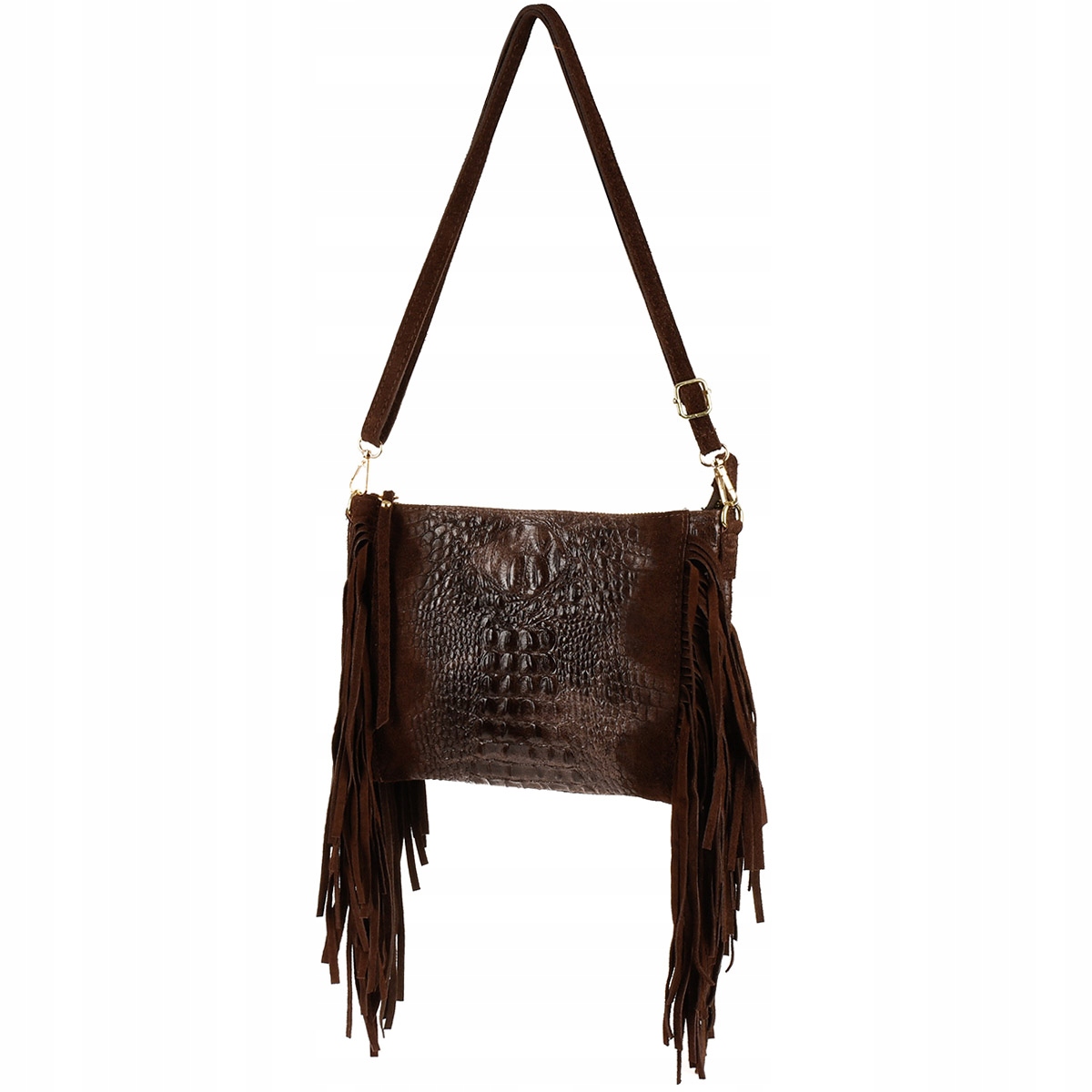 Damska włoska skórzana torebka croco frędzel pasek